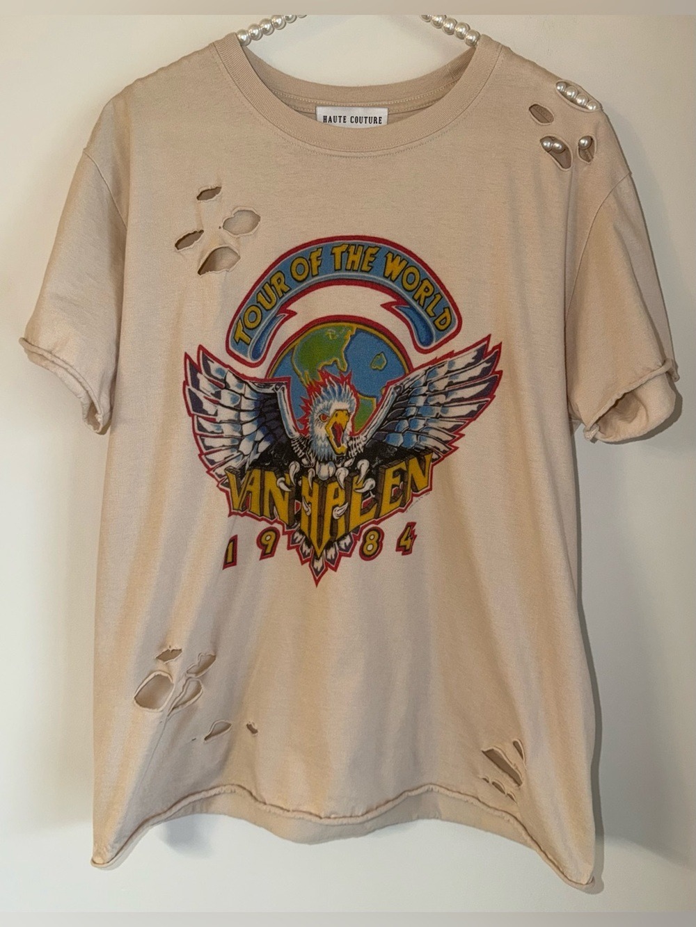 Haute Couture Van Halen 1984 Distressed Graphic T-Shirt Size L Cream Rock Tee